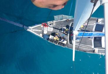 Cairns Dive Tours - Aerial shot of Dive Boat on the Great Barrier Reef