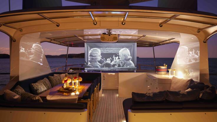 Whitsundays Luxury Yacht Charters - Sky Deck at Night - Outdoor Movie Theatre