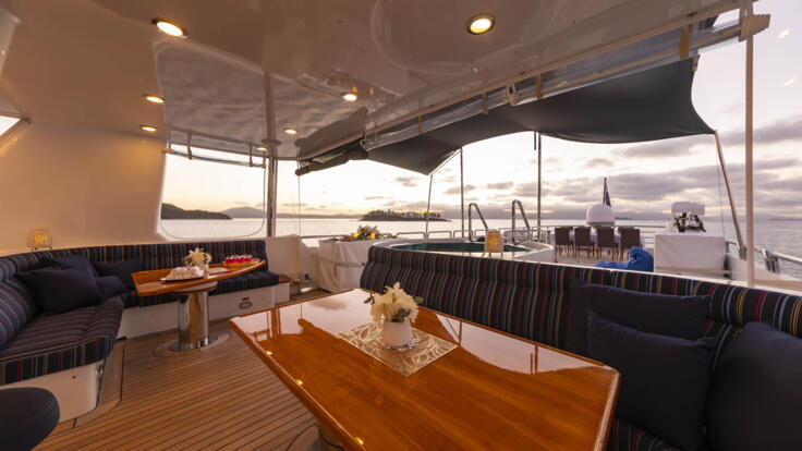 Flybridge Entertaining onboard Luxury Yacht Charters Whitsundays, Great Barrier Reef 