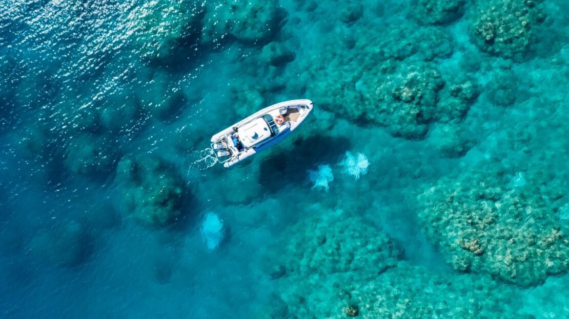 Aerial photo of underwater sculptures at Manta Ray Bay, Whitsundays